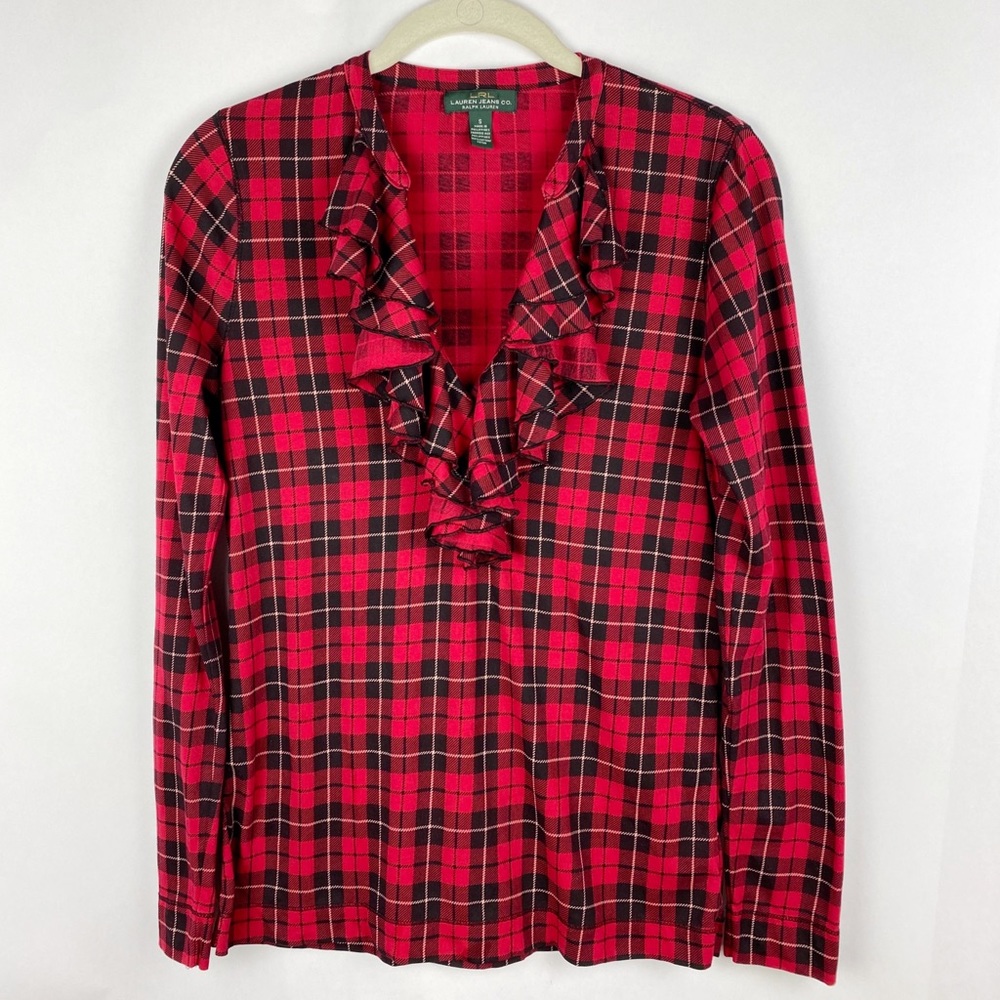 Lauren Ralph Lauren Plaid Ruffle Neck Top